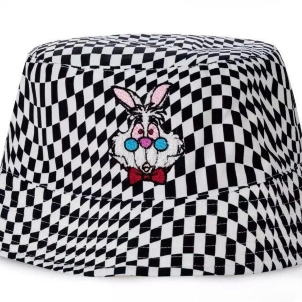 Disney Parks Alice in Wonderland White Rabbit Fleece Lined Checkered Bucket Hat